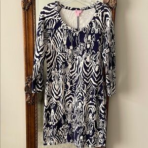 Lilly Pulitzer Blue and White Zebra Sheath Dress with 3/4 Sleeves